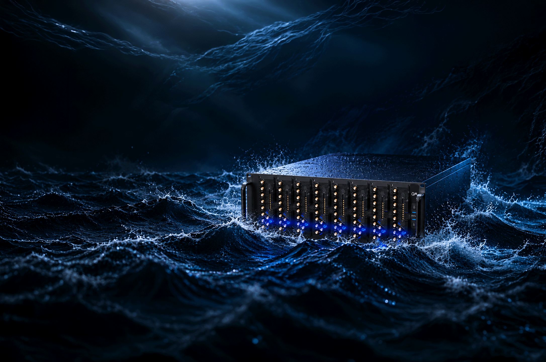 Quantum control hardware against a blue ocean backdrop